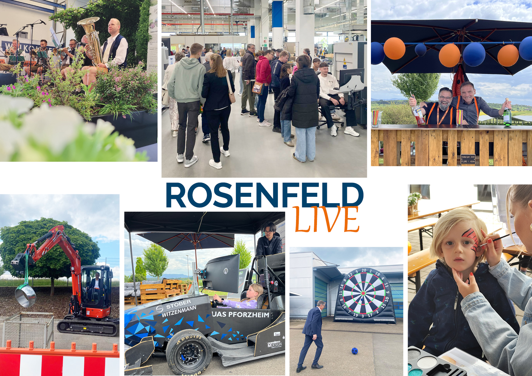 Collage mit Eindrücken vom Rosenfeld Live 2025: Kinderschminken, Bagger fahren, Fußballdarts, Cocktailbar, Rennsimulator, Musikkapelle und Einblicke in die Unternehmensführung